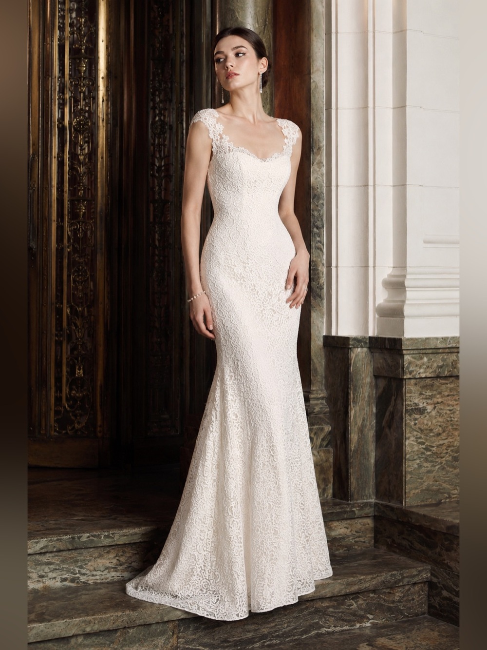 New Mikaella Bridal Ivory Lace Cap-Sleeve Mermaid Gown